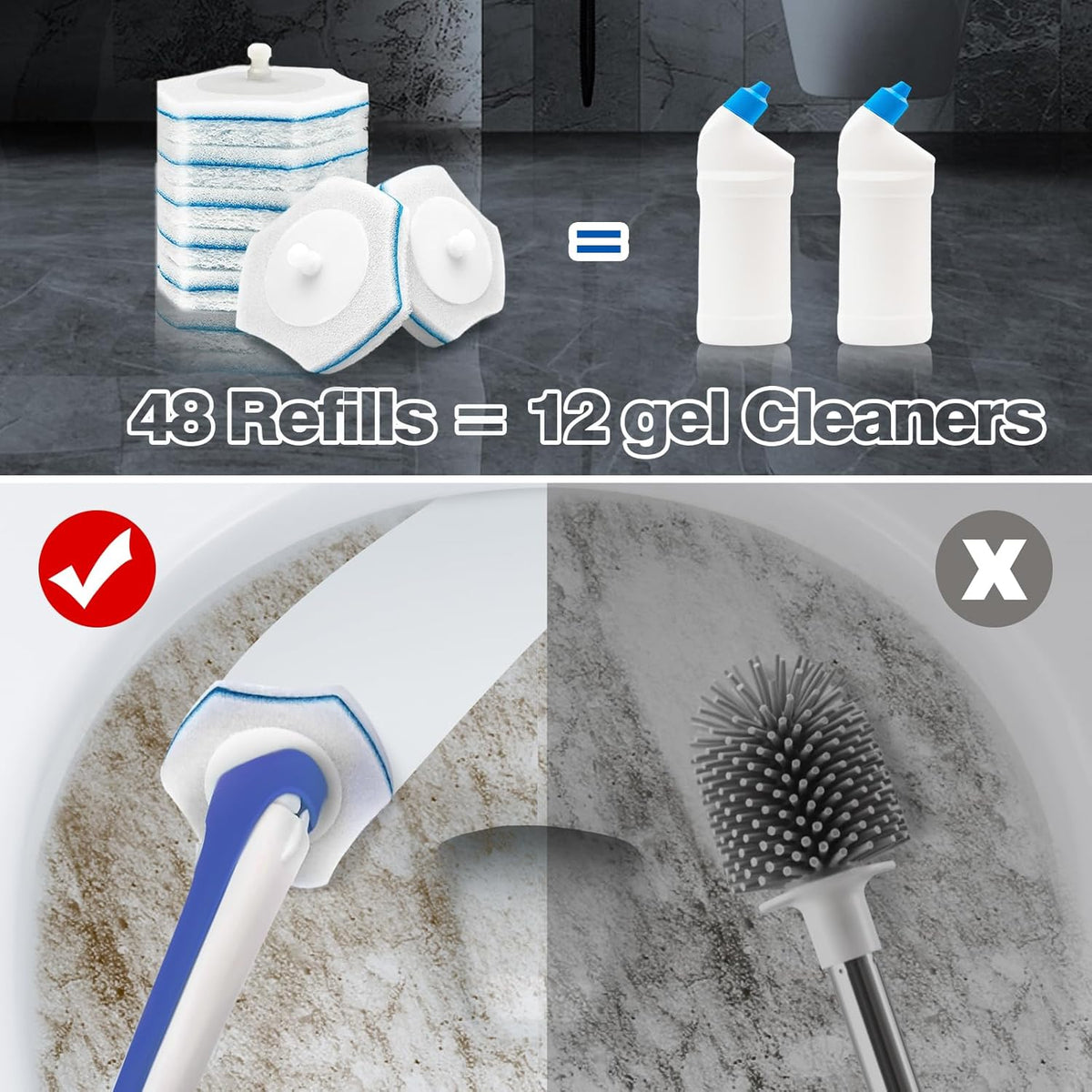 JEHONN Disposable Toilet Brush with 48 Wand Cleaner Refills, Wall Mounted Toilet Bowl Brush Holder