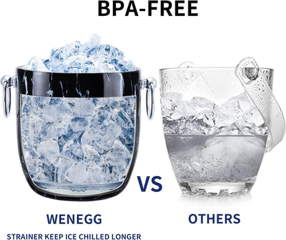 Ice Bucket with Lid, Scoop, Tongs and Strainer - Well Made Insulated Stainless Steel Keep Ice