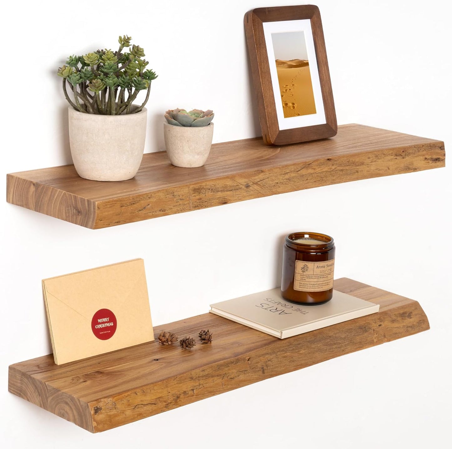 24" Floating Shelves, Live Edge Solid Elm Wood Floating Shelf, Wall Mounted Display Shelves with