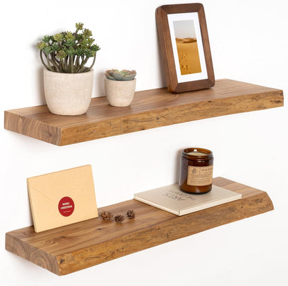 24" Floating Shelves, Live Edge Solid Elm Wood Floating Shelf, Wall Mounted Display Shelves with