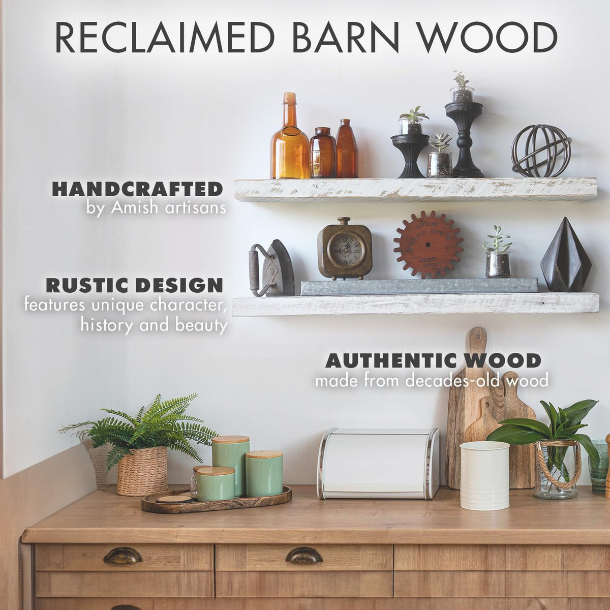 Urban Legacy Reclaimed Barnwood Planks | Floating Shelves for Wall w/Flush Mount Shelf Bracket Set