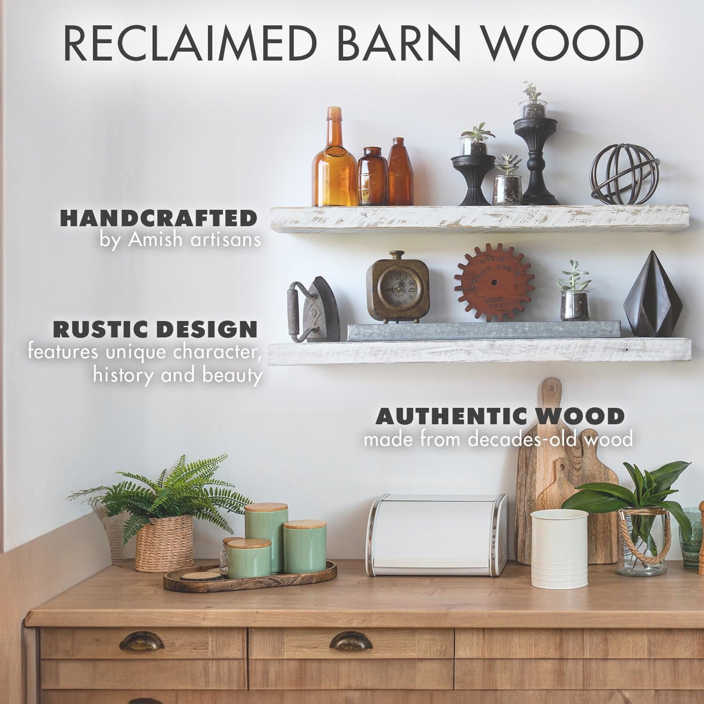 Urban Legacy Reclaimed Barnwood Planks | Floating Shelves for Wall w/Flush Mount Shelf Bracket Set