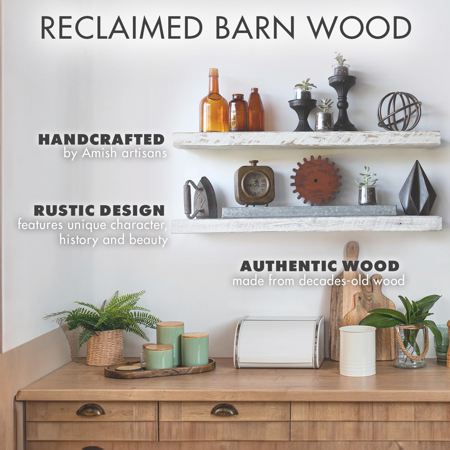 Urban Legacy Reclaimed Barnwood Planks | Floating Shelves for Wall w/Flush Mount Shelf Bracket Set