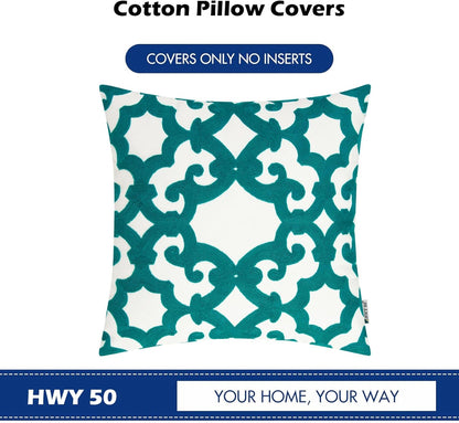 HWY 50 Teal Decorative Throw Pillow Covers 18x18 Inch (1 Piece), Embroidered Cotton Farmhouse