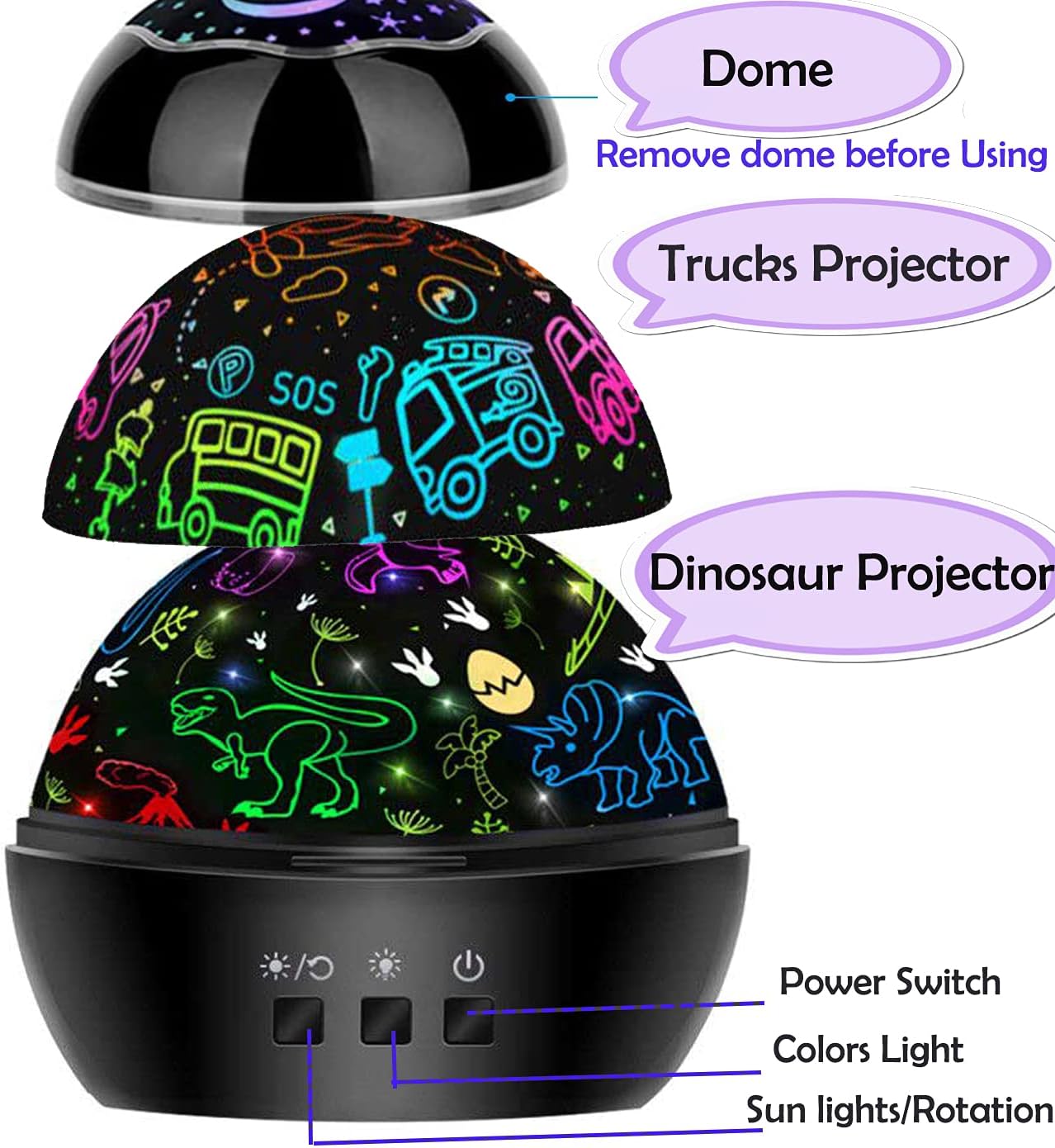 MINGKIDS Night Light for Kids,2 in 1 Rotating Projector Lamp with Dino&Vehicles Theme,2 Ways to