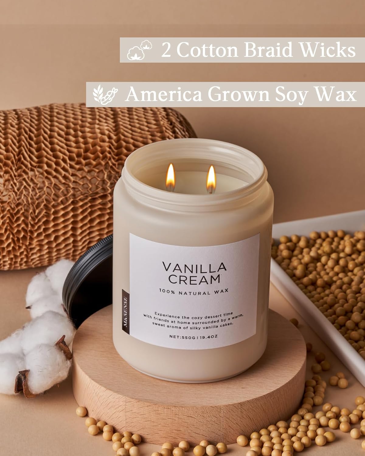 M&SENSE Vanilla Soy Candles, Large 2 Wick Jar Candle 19.4oz, 110 Hours Burning Time, 100% Natural