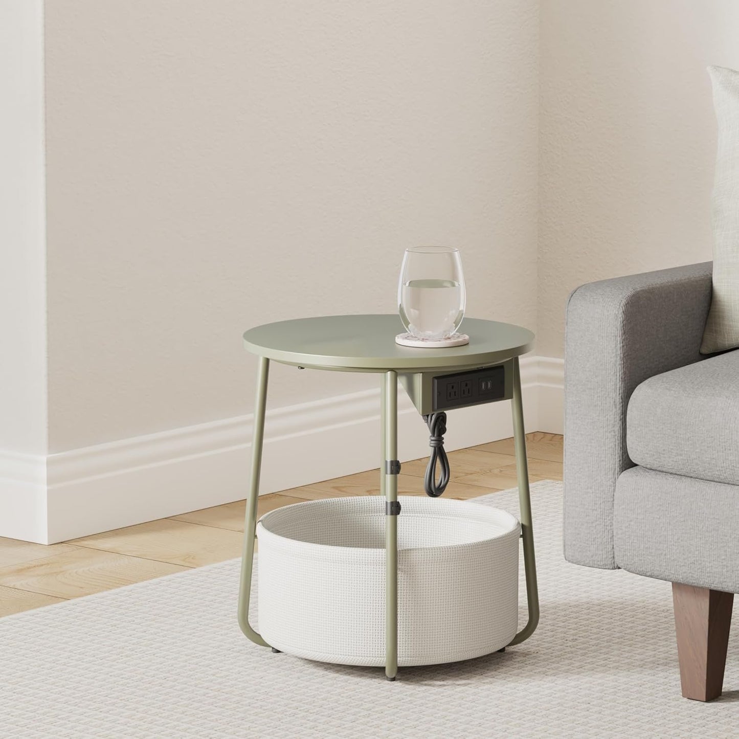 VASAGLE Side Table with Charging Station, Round End Table with Fabric Basket, Nightstand with Power