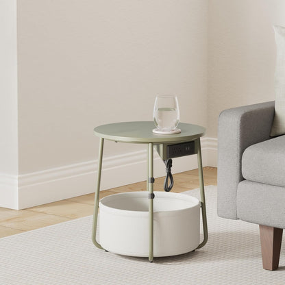 VASAGLE Side Table with Charging Station, Round End Table with Fabric Basket, Nightstand with Power