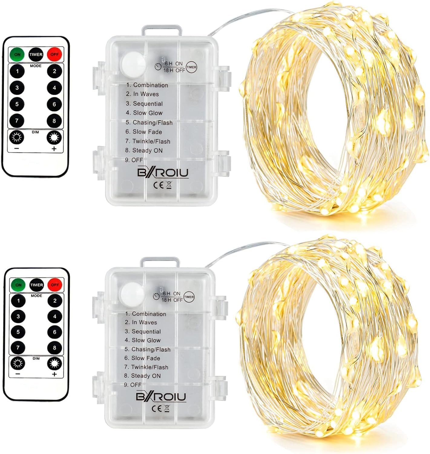 2 x Fairy Lights Battery Operated,Silver Wire Chains 8 Mode 16Ft/5Meter 50 LEDs Timer String Lights