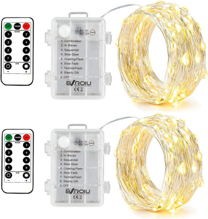 2 x Fairy Lights Battery Operated,Silver Wire Chains 8 Mode 16Ft/5Meter 50 LEDs Timer String Lights