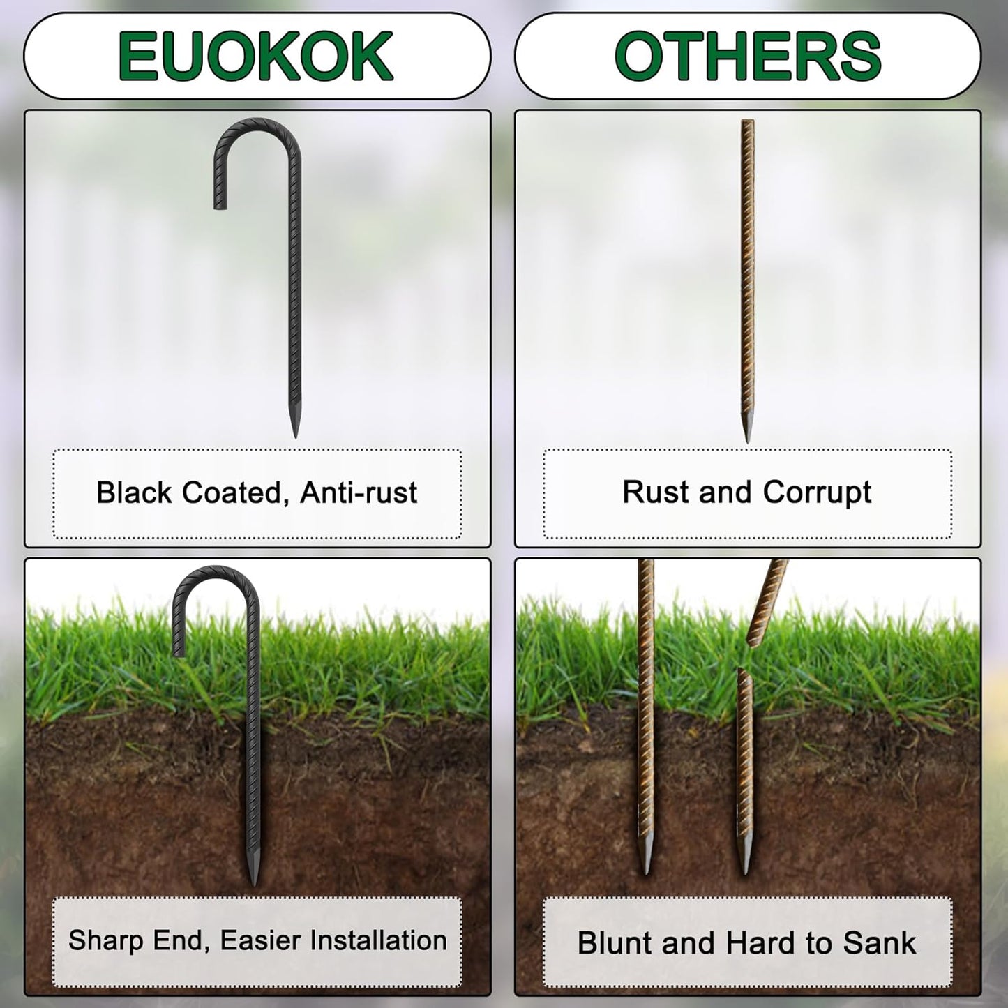 16 Inch Ground Rebar Stakes Heavy Duty J Hook Ground Anchors 40 Pack, Tent Stakes with Chisel Point