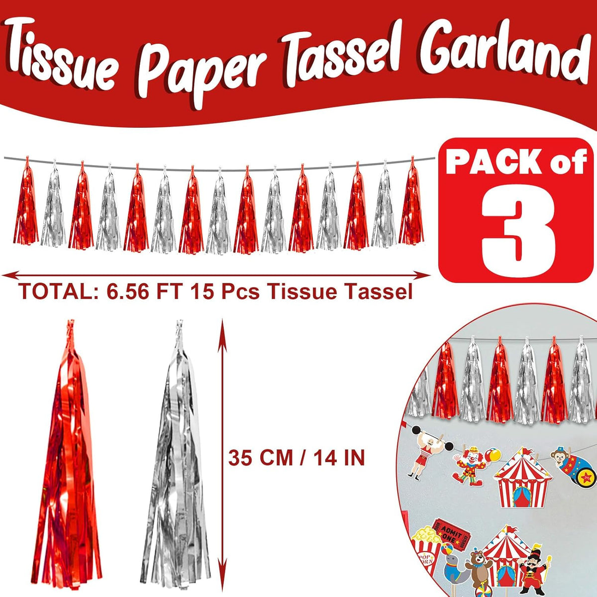 3P Red Silver Foil Fringe Metallic Tassel Streamers Banner Tassel Garland for Parade Floats