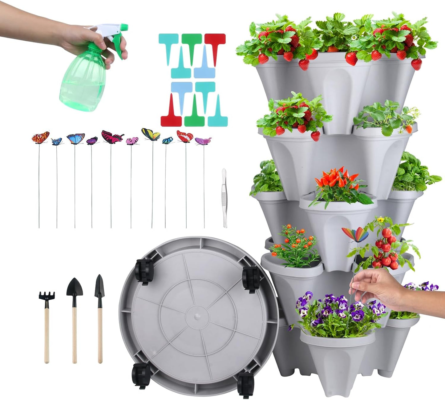 DUNCHATY Stackable Planter, Vertical Strawberry Planter with Garen Tool Set, Self Watering Garden