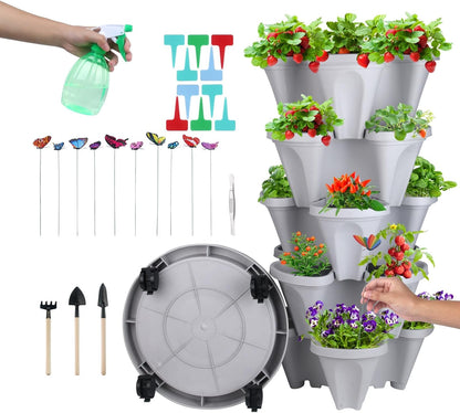 DUNCHATY Stackable Planter, Vertical Strawberry Planter with Garen Tool Set, Self Watering Garden