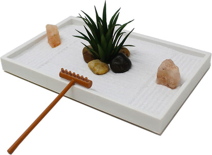 Nature's Mark Mini Zen Garden Kit for Desk with White Sand, Rake, White Base, Salt Rock and Air