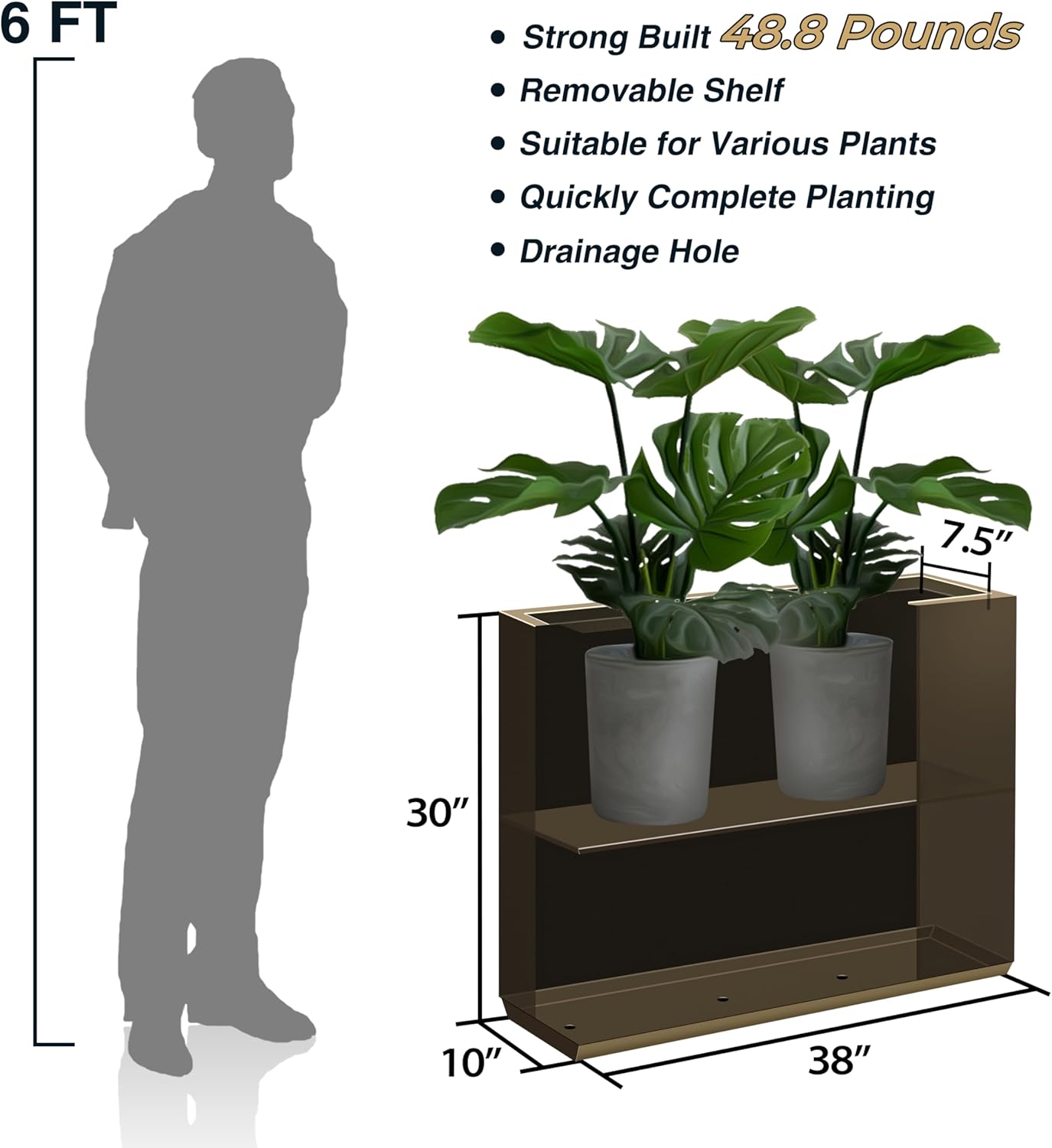 Metallic Heavy Planter for Outdoor Plants, 38Lx10Wx30H Inches Tall and Long Metal Divider Planter