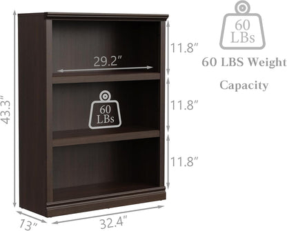 43 in Tall Bookcase, 3-Tier Bookshelf Open Storage, 33 inch Wide Floor Standing Indoor Furniture