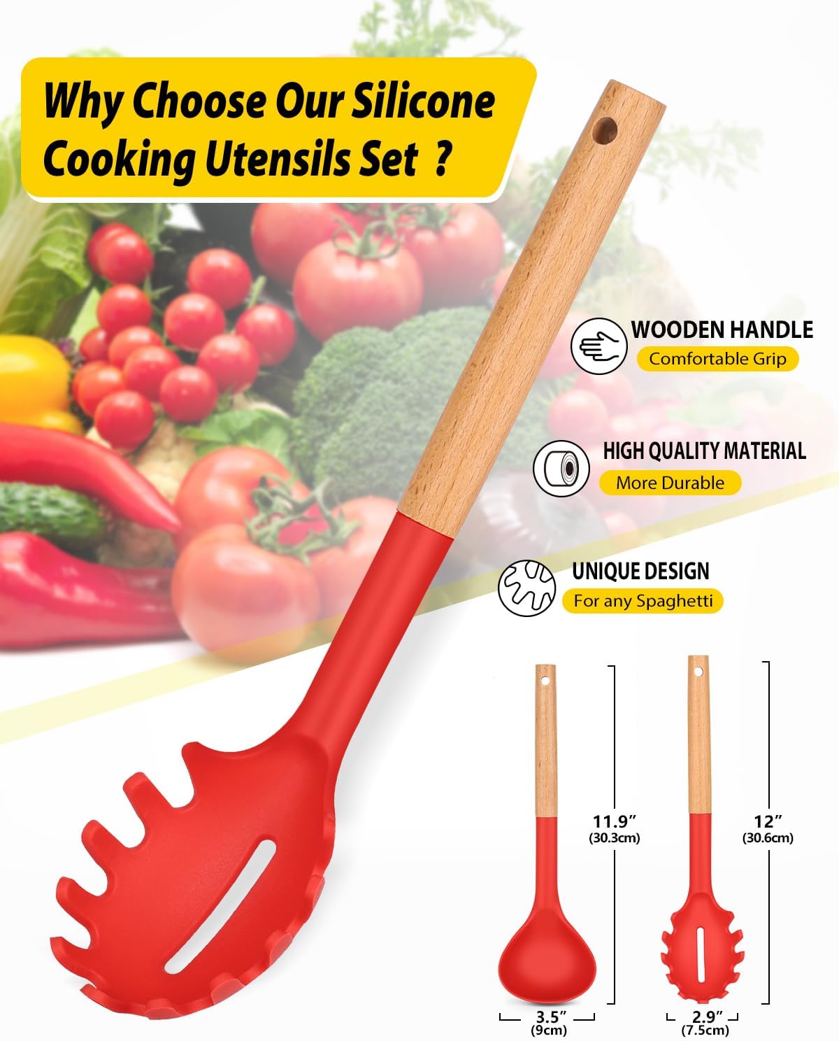 Silicone Pasta Fork and Ladle Spoon Set with Wooden Handle, Heat Resistant Non Stick Kitchen