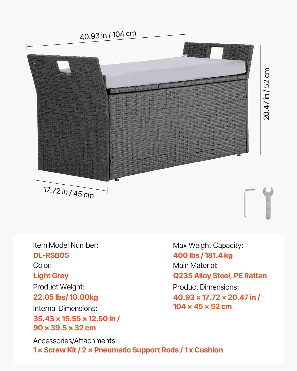 VEVOR Outdoor Storage Bench, 2-Person PE Rattan Storage Bench, 40 Gal Deck Box with Cushion & Side