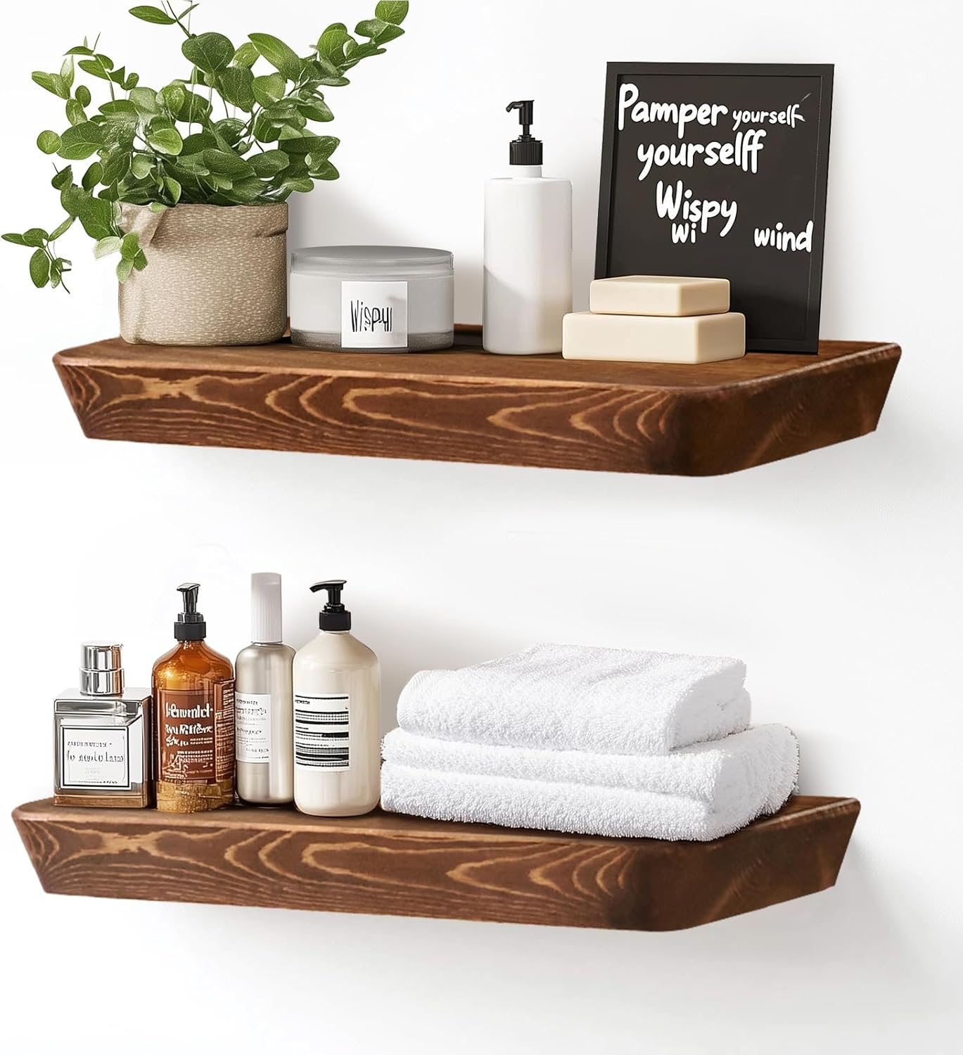 16"x6.8"x1.6" Slanted Floating Wall Shelves 2-Pack - Rustic Brown Finish, Heavy-Duty Solid Wood