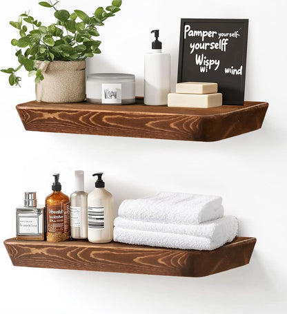 16"x6.8"x1.6" Slanted Floating Wall Shelves 2-Pack - Rustic Brown Finish, Heavy-Duty Solid Wood