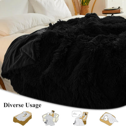 XeGe Luxury Faux Fur Throw Blanket, Black Soft 50x60 Fluffy Blanket Throw, Shaggy Plush Decorative