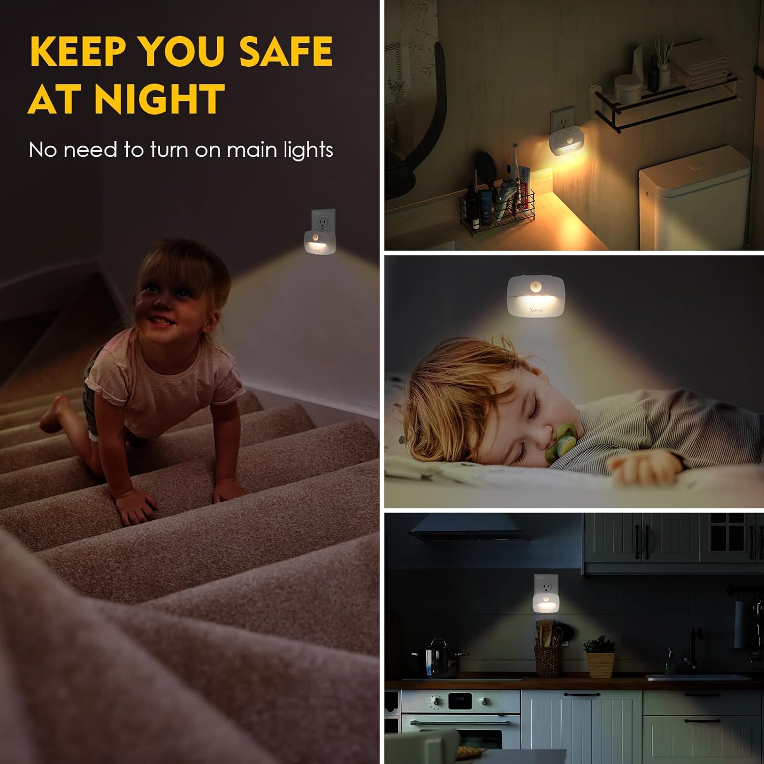 Sossi Motion Sensor Night Light Plug in 4 Pack,10-60Lm Stepless Dimming,3 Light Modes with Memory