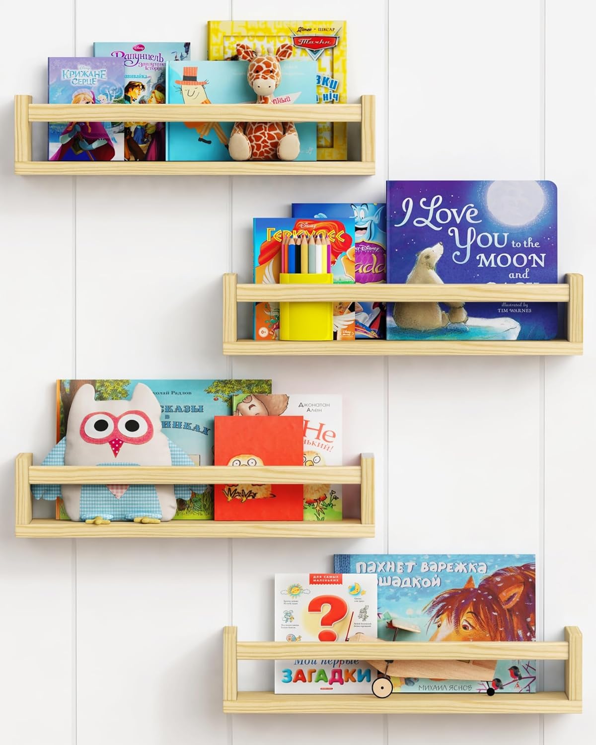 Forbena Natural Wood Nursery Book Shelves Wall Mounted, Floating Bookshelf for Kids Room, Toys and