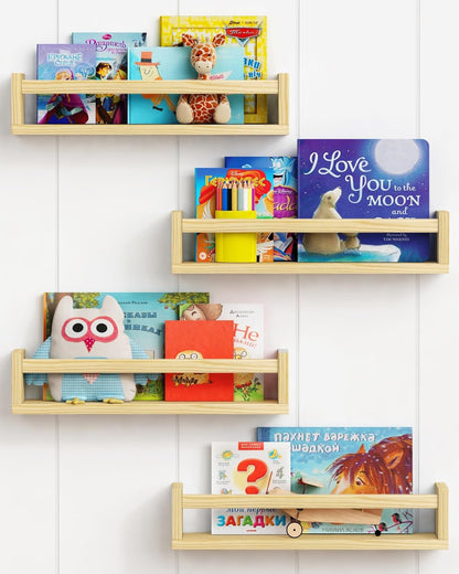 Forbena Natural Wood Nursery Book Shelves Wall Mounted, Floating Bookshelf for Kids Room, Toys and