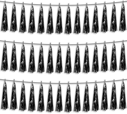 3P Black Foil Fringe Metallic Tassel Streamers Banner Tassel Garland for Parade Floats