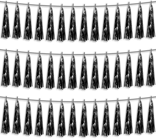 3P Black Foil Fringe Metallic Tassel Streamers Banner Tassel Garland for Parade Floats