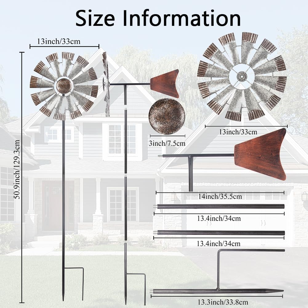 Wind Spinners Outdoor，Metal Vintage Style Single Sided Silver Windmill Kinetic Wind Spinner for