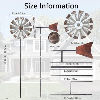 Wind Spinners Outdoor，Metal Vintage Style Single Sided Silver Windmill Kinetic Wind Spinner for