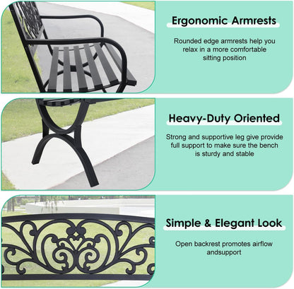 FDW Outdoor 50 Inches Garden Bench, Slatted Seat Armrests Floral Design Backres and Arch Legs