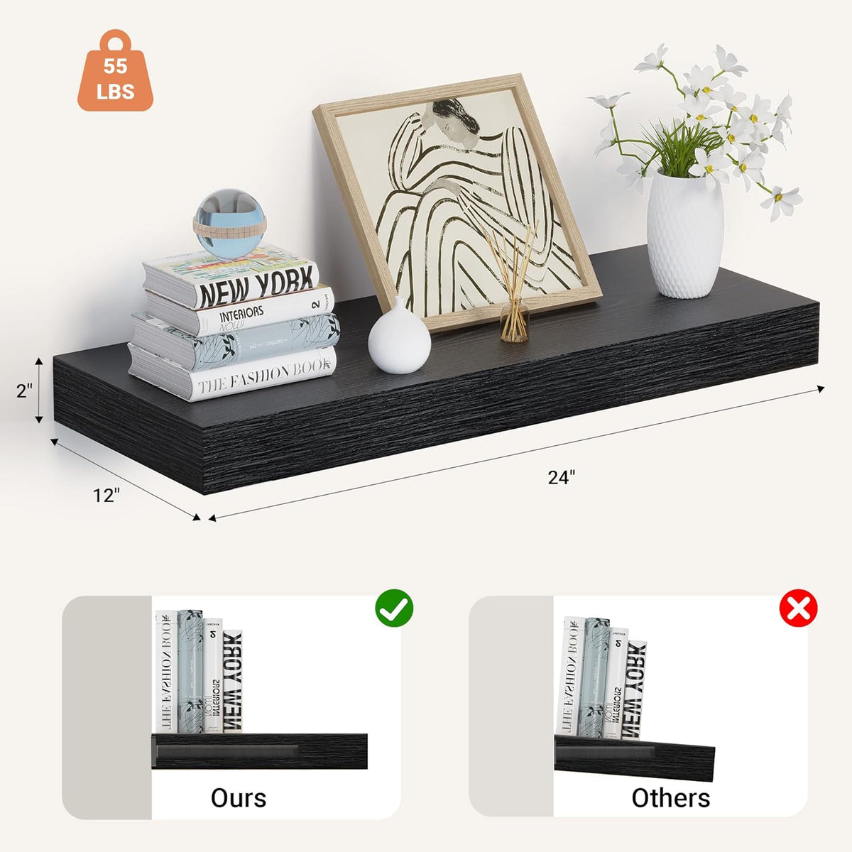 Heimlove 24 x 12 Inch Deep Floating Shelves Wall Mounted with Invisible Brackets,Storage Hanging