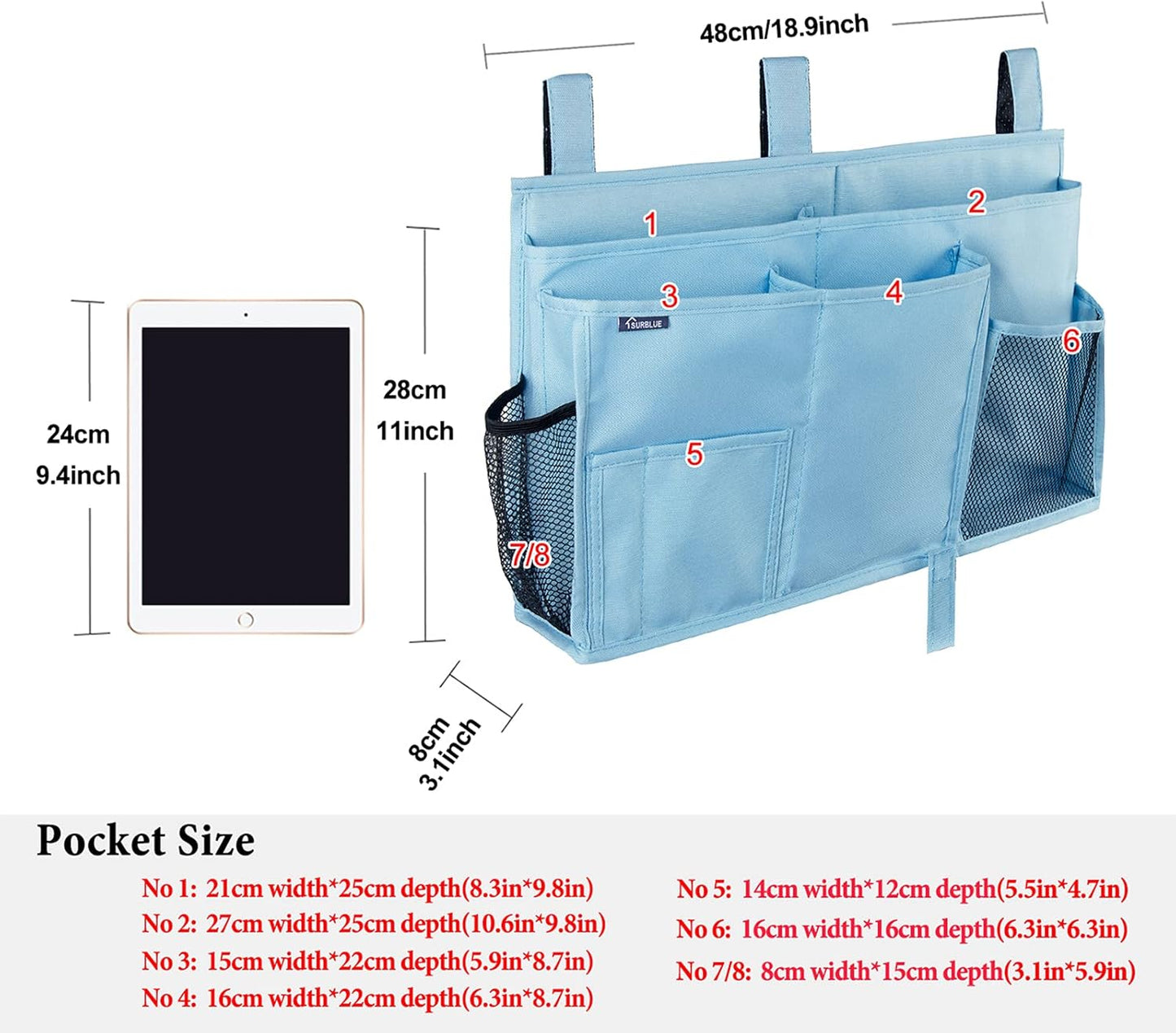 Surblue Bedside Caddy Hanging Bed Organizer Storage Bag Pocket for Bunk and Hospital Beds, College