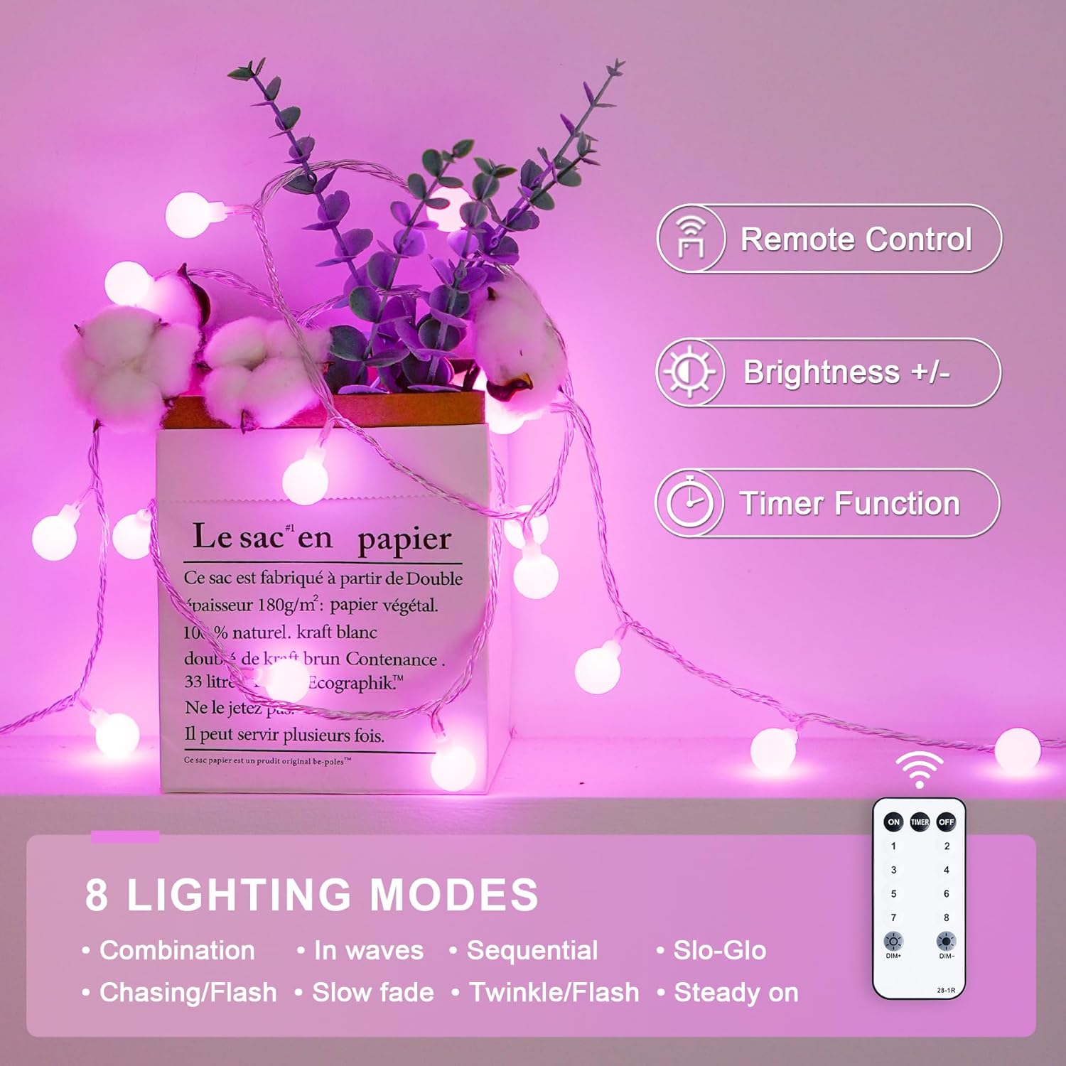 JMEXSUSS 100 LED Pink String Lights Indoor, Connectable Globe String Lights Plug in, 8 Modes 33ft