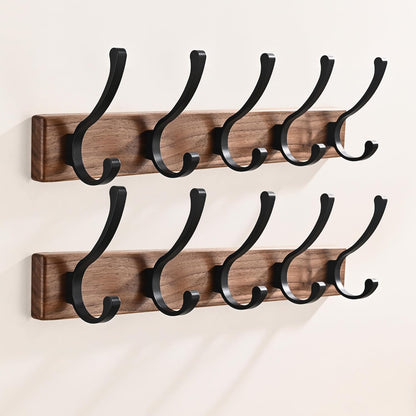 2 Pack 17.3" Small Wooden Coat Rack Wall Mounted with 5 Hooks, Entryway Wall Hooks Coat Hanger for