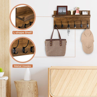 Shelf with Hooks, Coat Rack Wall Mount with 6 Double Metal Hooks, 17 Inch Farmhouse Wall Hooks with
