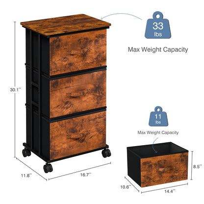 DUMOS Fabric Dresser 3 Drawer Storage Chest, Rolling Storage Tower, Rust
