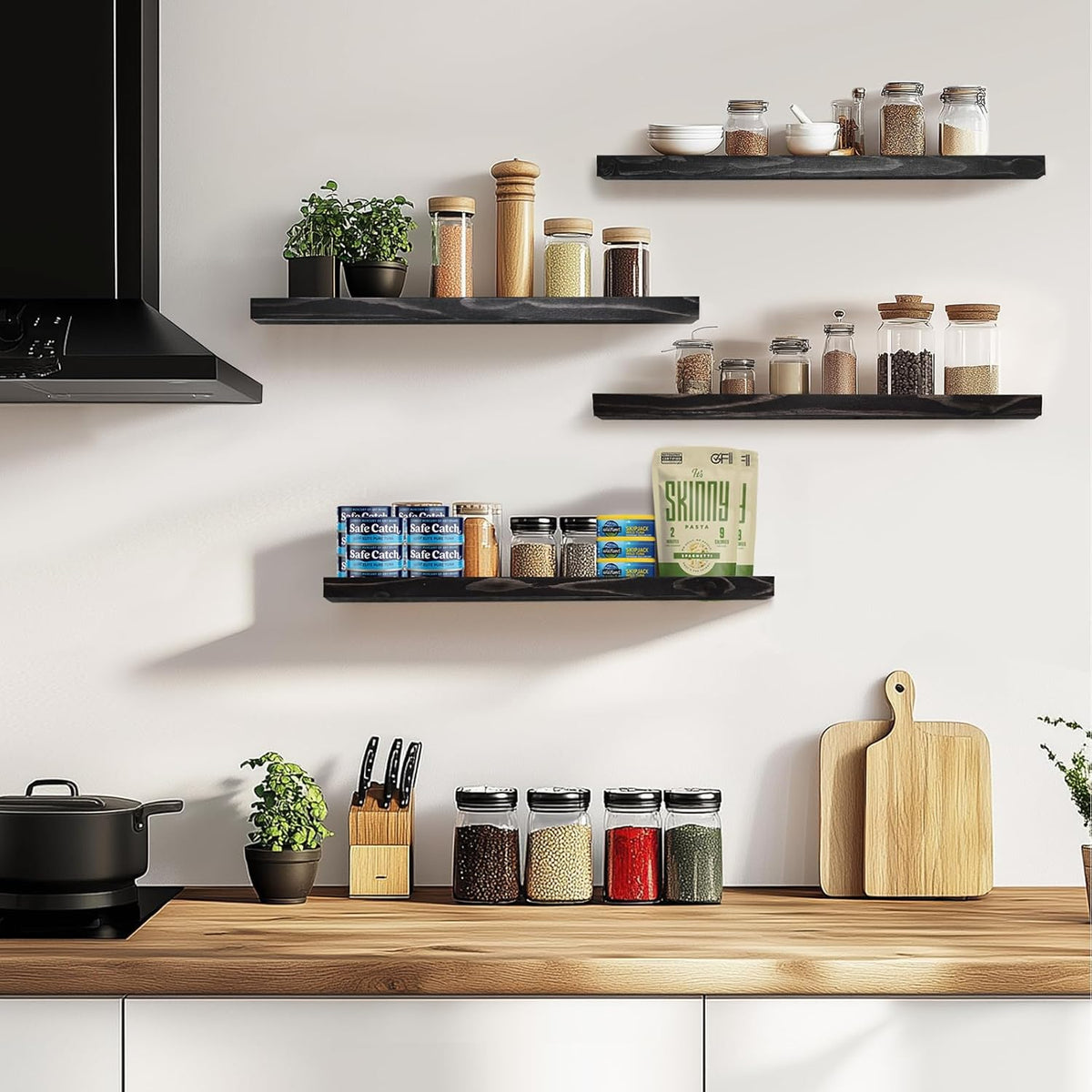 Floating Wall Shelves 4-Pack - Rustic Black 16-inch Wooden Wall Shelves for Storage and Décor