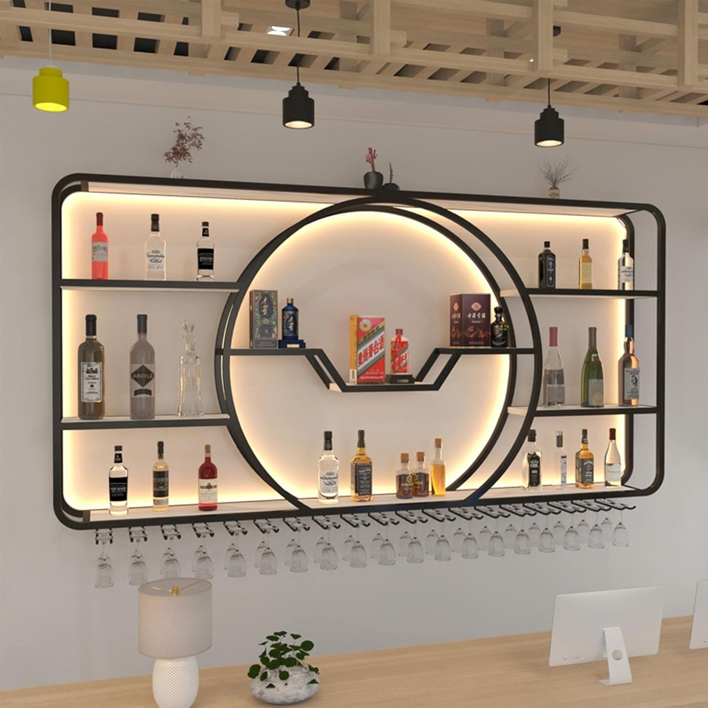 3-Tiers Metal Wine Rack Wall Mounted Modern With LED Light With Wine Glass Holder Large Liquor Bar