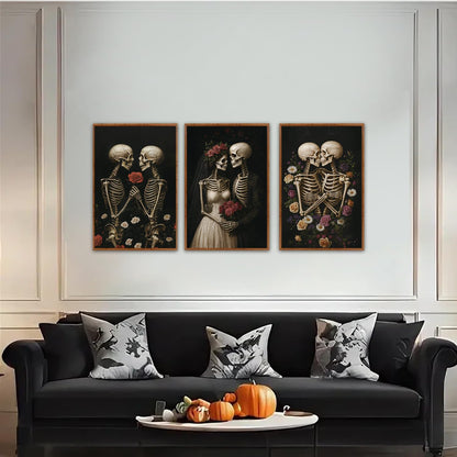 HLNIUC Halloween Rose Wedding Framed Wall Art,Vintage Skeleton Rose Canvas Prints,Abstract Romantic