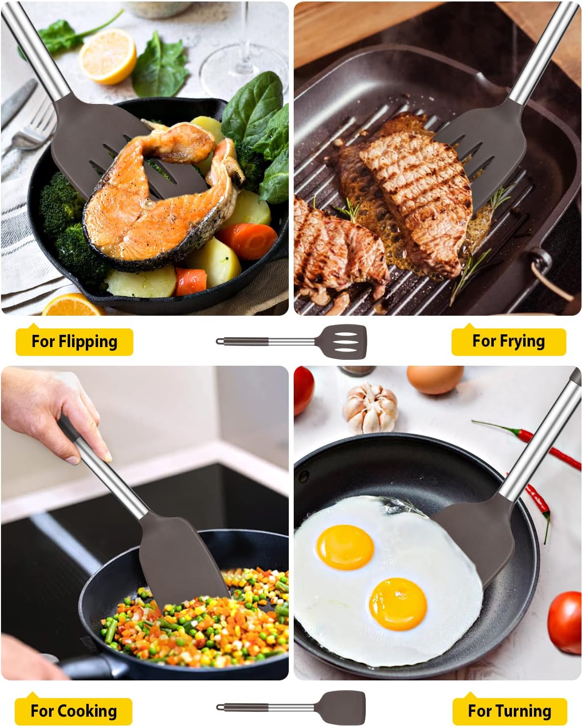 Pack of 2 Silicone Solid Turner, Non Stick Slotted Kitchen Spatulas, High Heat Resistant BPA Free
