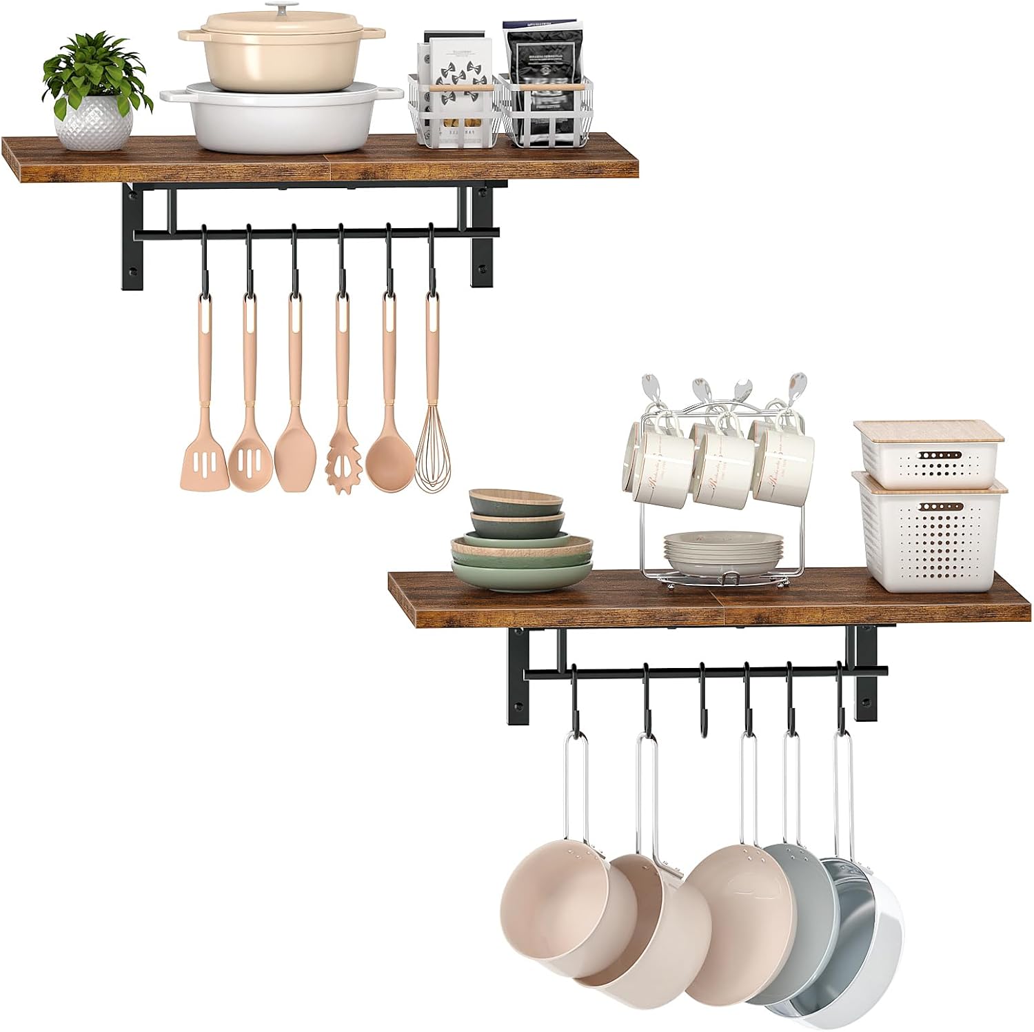 Wall-Mounted Pot Racks, Set of 2 Hanging Pot Rack, Floating Shelves, Wall Shelves, Vintage Pot