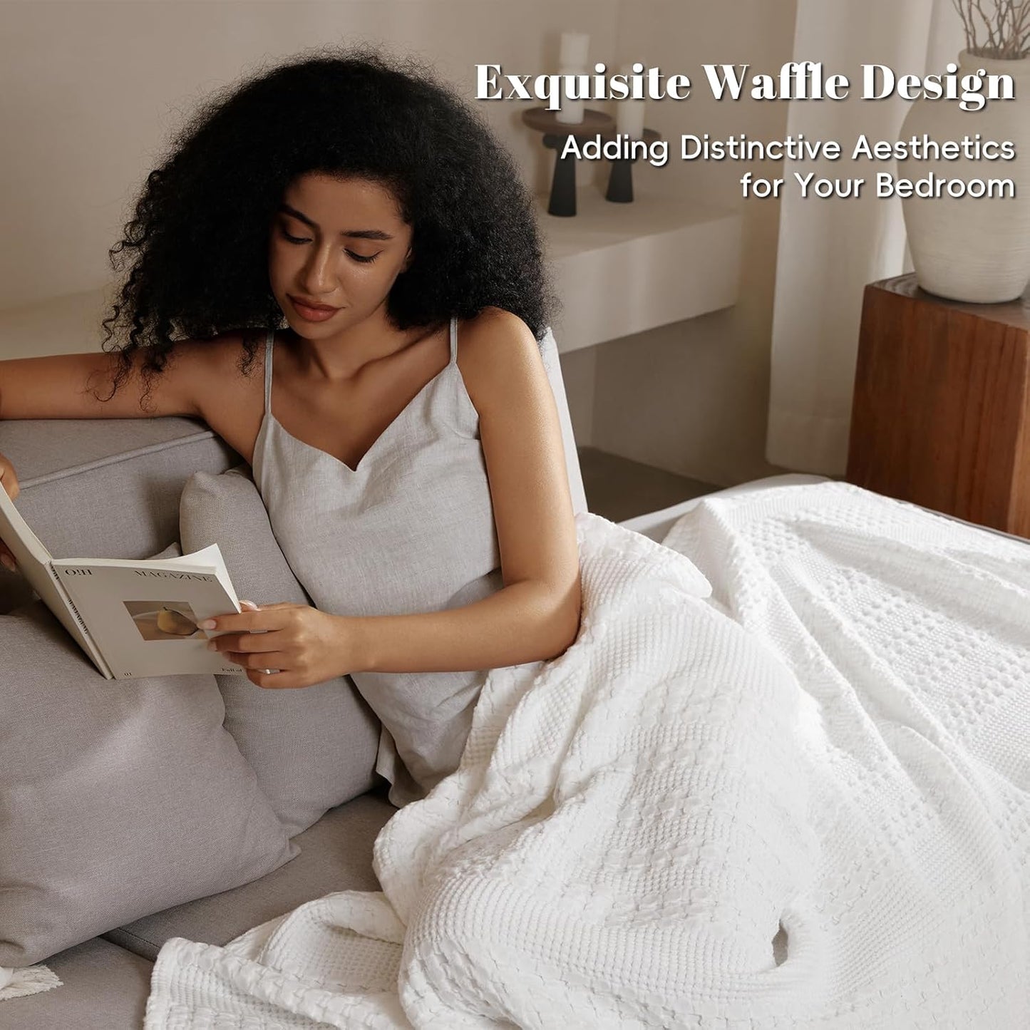 PHF 100% Cotton Waffle Weave Blanket Queen Size, Soft Lightweight Breathable Cozy Summer Blankets