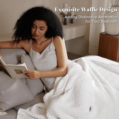 PHF 100% Cotton Waffle Weave Blanket Queen Size, Soft Lightweight Breathable Cozy Summer Blankets