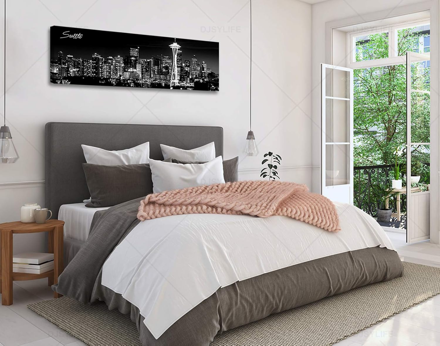 Seattle City Skyline Wall Art Black and White Canvas Prints Panorama Cityscape Picture Night View