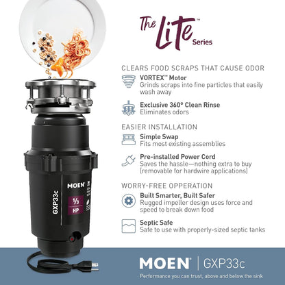 Moen Lite Series PRO Compact Continuous Feed Garbage Disposal for Kitchen Sink with Power Cord
