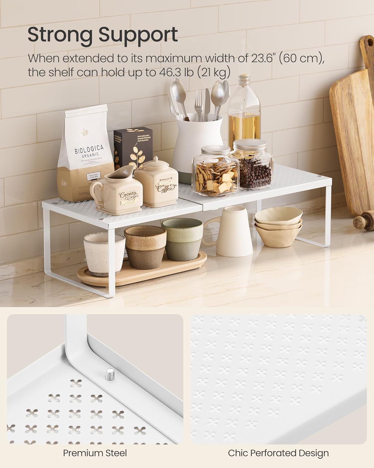 SONGMICS Spice Racks, Set of 2 Expandable Kitchen Countertop Shelves, Small Cupboard Organizers
